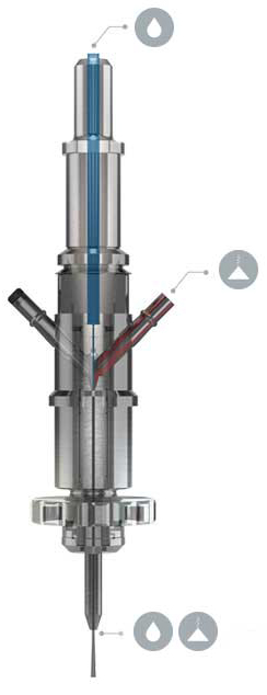 Rendering of a waterjet cutting head cross section showing water and abrasive flow